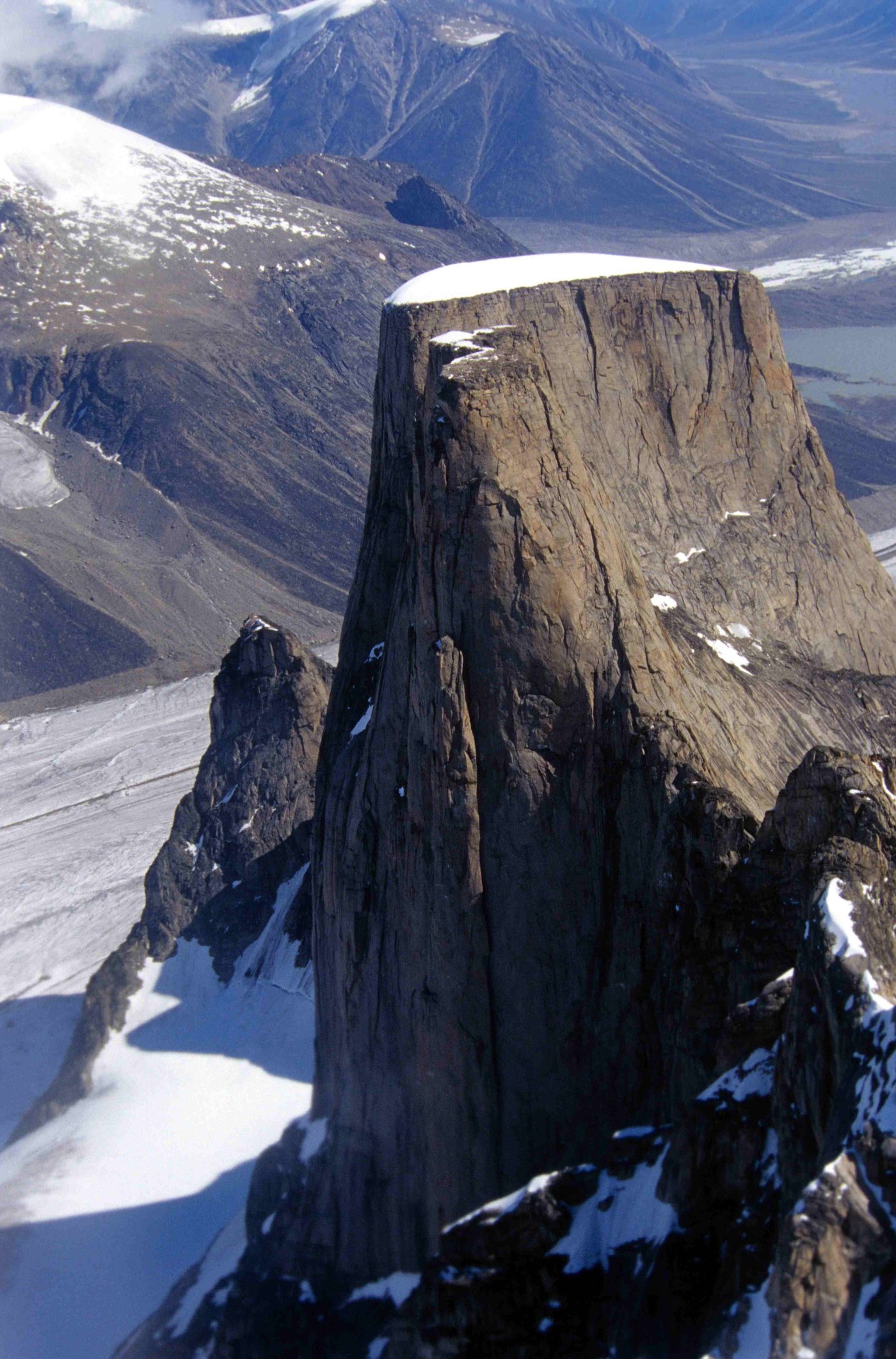 The twin granite towers of Mount Asgard above the Turner Glacier in Auyuittuq National Park