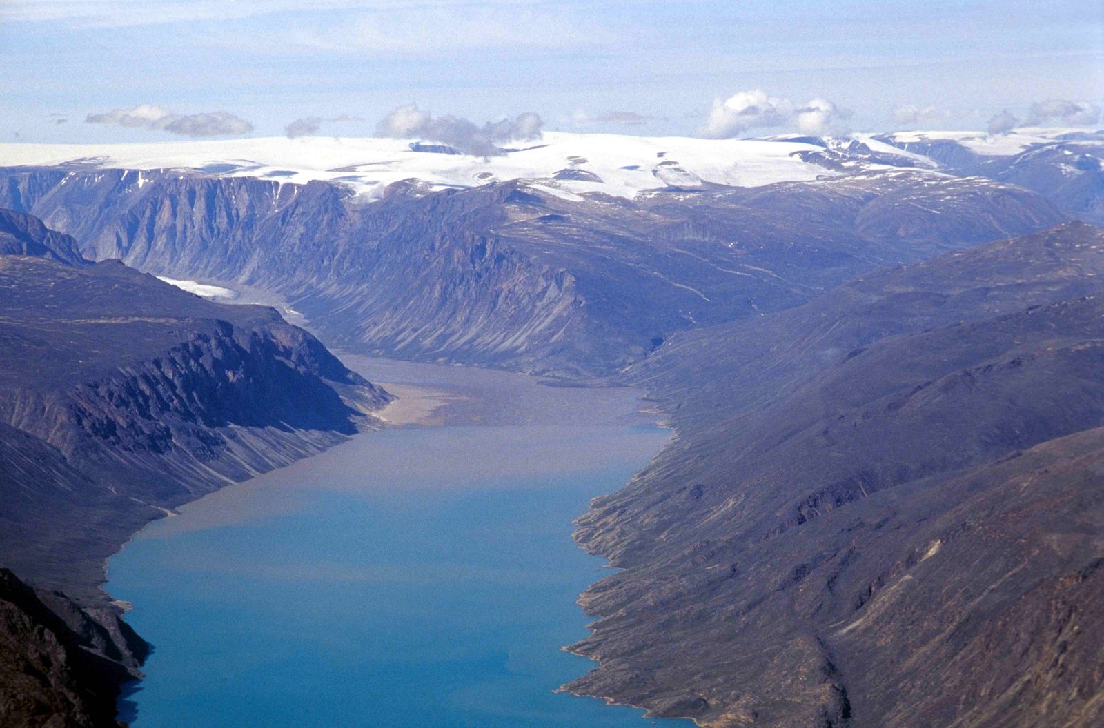 The turquoise water of North Pangnirtung Fjord, the boat route into Auyuittuq National Park on Baffin Island