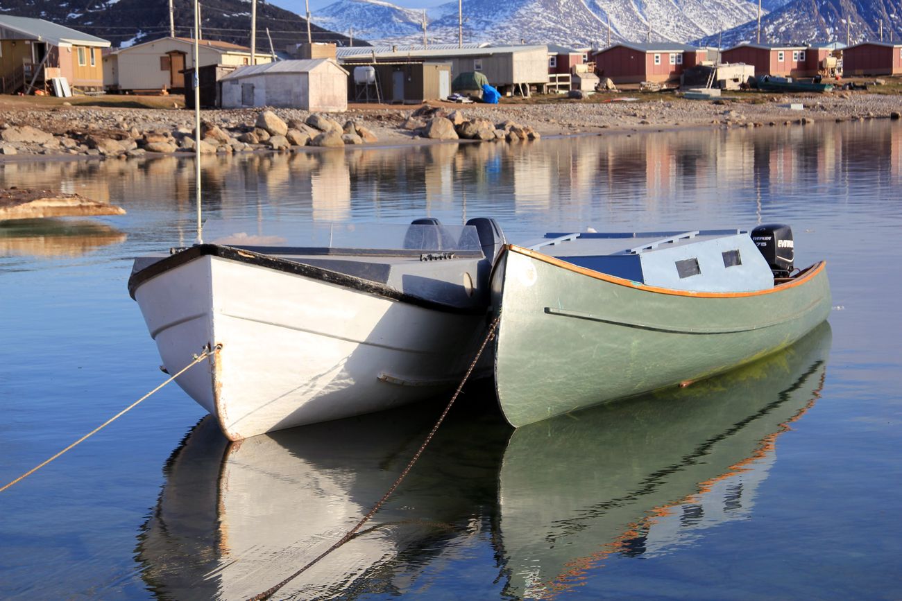 Boats moored at Qikiqtarjuaq on the east coast of Baffin Island